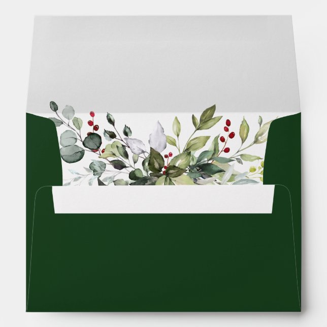 Watercolor Greenery Berries Christmas Green Envelope (Back (Bottom))