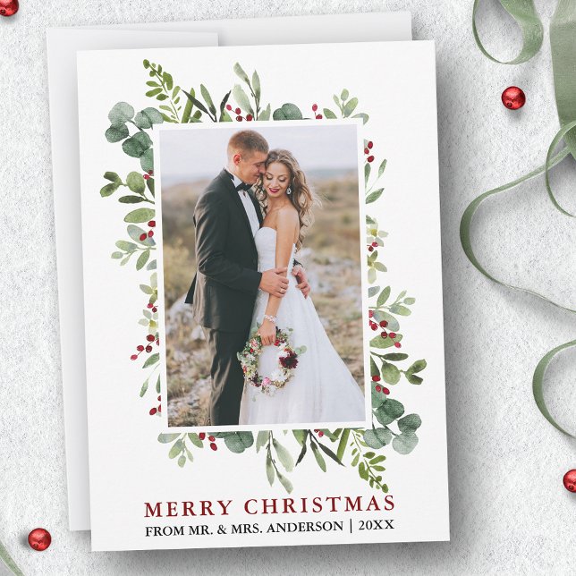 Watercolor Greenery Berries Christmas Newlywed Holiday Card (Customize to add text to back of card.)