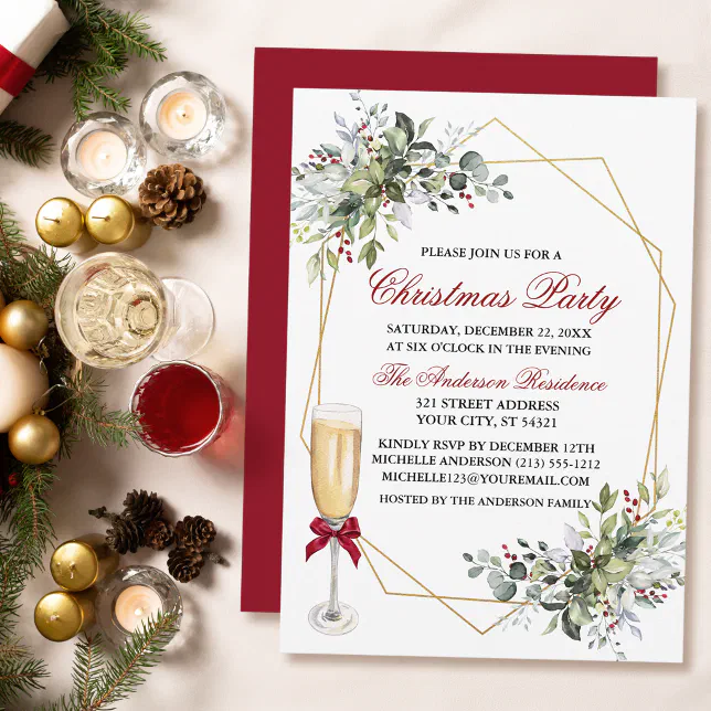 Watercolor Greenery Berries Christmas Party Glass Invitation | Zazzle