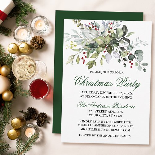 Watercolor Greenery Berries Christmas Party Invitation