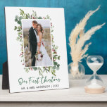 Watercolor Greenery Berries Christmas Photo Plaque<br><div class="desc">Modern Minimalist Elegance Calligraphy Ink Pen Handwritten Script Our First Christmas Newlywed Wedding Photo Plaque includes Elegant Watercolor Greenery,  Eucalyptus Leaves & Holly Berries. Green Script.</div>