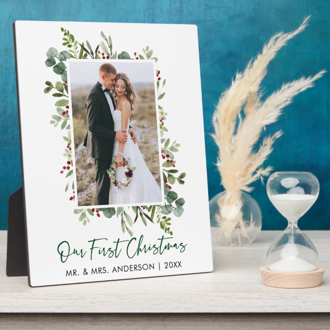 Watercolor Greenery Berries Christmas Photo Plaque (Side)