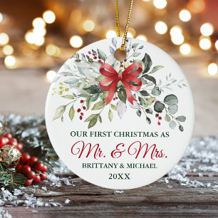 Watercolor Greenery Berries Christmas Red Bow Ceramic Ornament