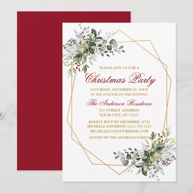 Watercolor Greenery Berries Christmas Red Gold Invitation (Front/Back)