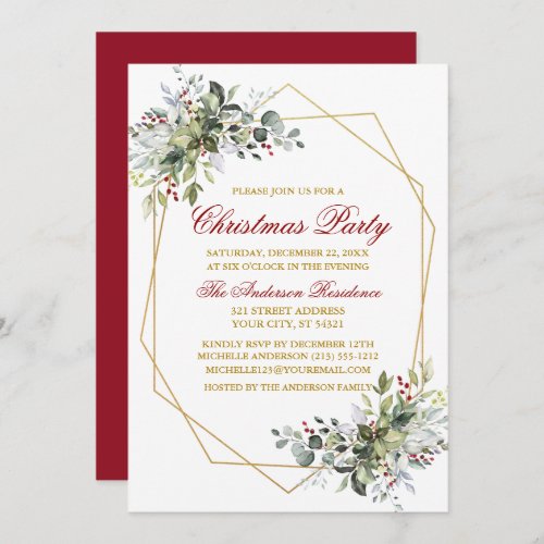 Watercolor Greenery Berries Christmas Red Gold Invitation