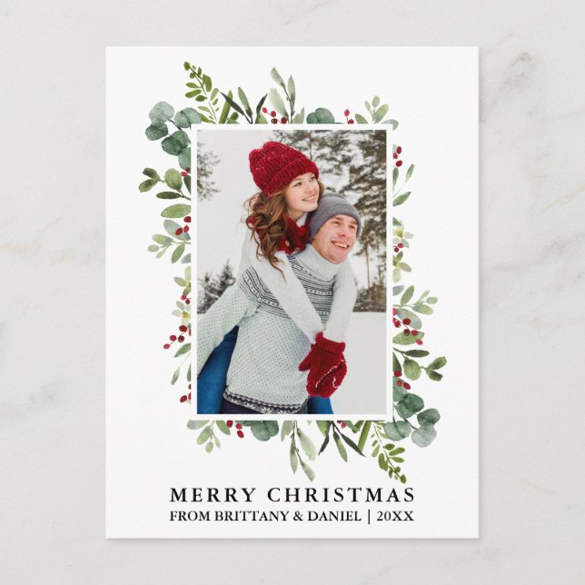 Watercolor Greenery Berries Couple Christmas Postcard (Front)