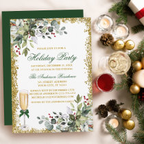 Watercolor Greenery Berries Glitter Holiday Party Invitation