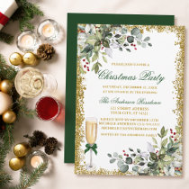 Watercolor Greenery Berries Gold Christmas Party Invitation