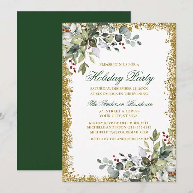 Watercolor Greenery Berries Gold Glitter Holiday  Invitation (Front/Back)