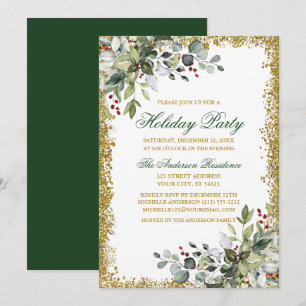 Watercolor Greenery Berries Gold Glitter Holiday Invitation
