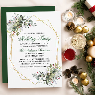 Watercolor Greenery Berries Gold Holiday Party Invitation