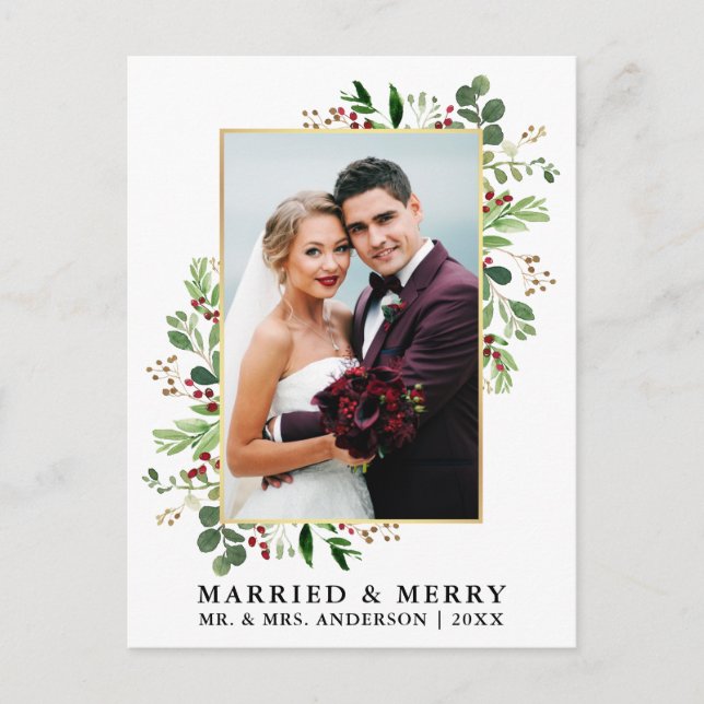 Watercolor Greenery Berries Gold Married & Merry Postcard (Front)