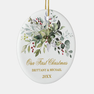 Watercolor Greenery Berries Gold PHOTO BACK Ceramic Ornament