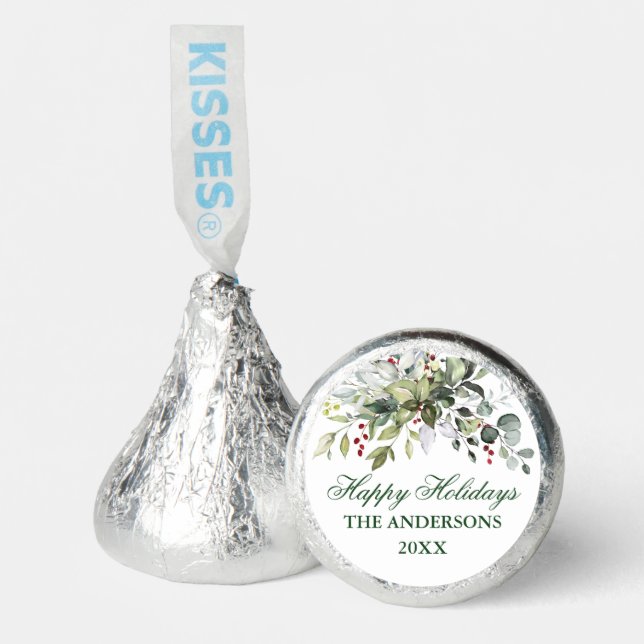 Watercolor Greenery Berries Happy Holidays Hershey®'s Kisses® (Front)