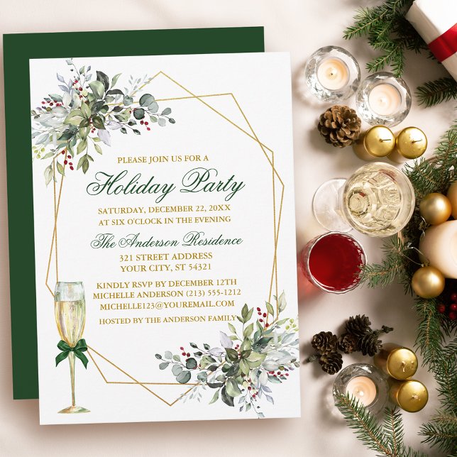 Watercolor Greenery Berries Holiday Gold Green Invitation (Customize to change text color, size, style or to change color of back of card.)
