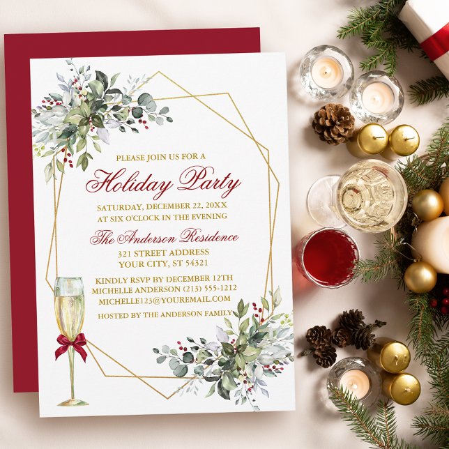 Watercolor Greenery Berries Holiday Gold Red Invitation (Customize to change text color, size, style or to change color of back of card.)