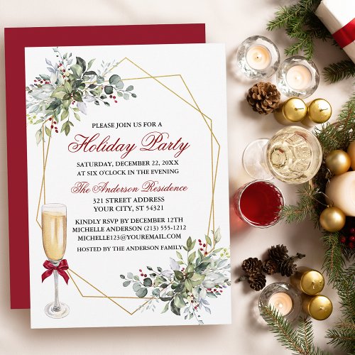 Watercolor Greenery Berries Holiday Party Glass Invitation