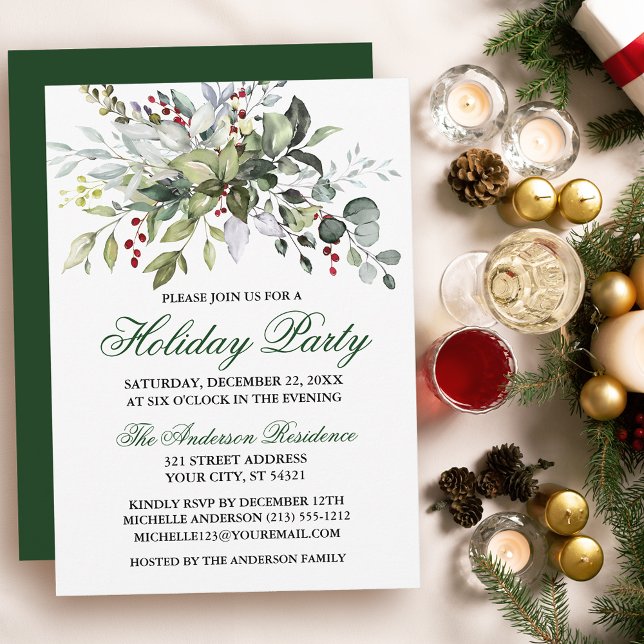 Watercolor Greenery Berries Holiday Party Invitation (Customize to change text color, size, style or to change color of back of card.)
