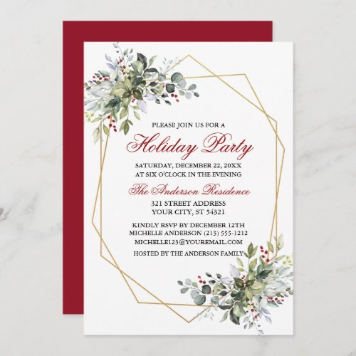 Watercolor Greenery Berries Holiday Party Red Invitation