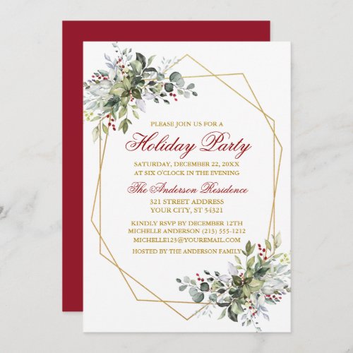 Watercolor Greenery Berries Holiday Red Gold Invitation