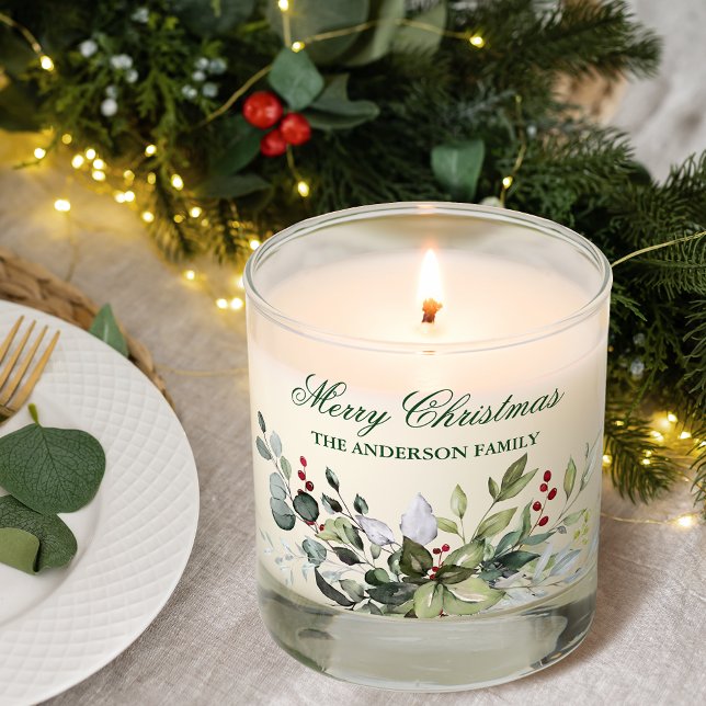 Watercolor Greenery Berries Merry Christmas Scented Candle (Customize to change text color or to add more text to back.)