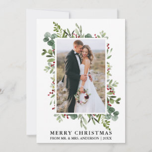 Watercolor Greenery Berries Newlywed Christmas Holiday Card