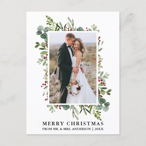 Watercolor Greenery Berries Newlywed Christmas Postcard