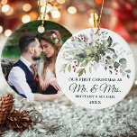 Watercolor Greenery Berries PHOTO BACK Christmas Ceramic Ornament<br><div class="desc">Modern Elegant Watercolor Greenery Couple Our First Christmas as Mr. and Mrs. Ornament includes beautiful watercolor botanical greenery,  eucalyptus leaves,  holly berries and other beautiful foliage. Forest Green Script. Photo Back.</div>