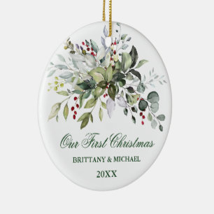 Watercolor Greenery Berries PHOTO BACK Green Ceramic Ornament