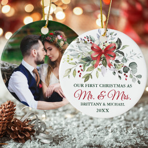 Watercolor Greenery Berries Red Bow Photo Ceramic Ornament