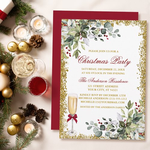Watercolor Greenery Berries Red Christmas Party Invitation