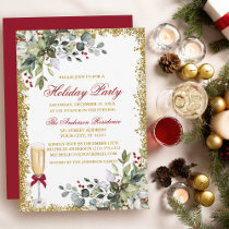 Watercolor Greenery Berries Red Holiday Party  Invitation