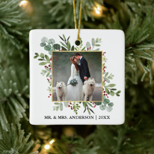 Watercolor Greenery Berries Wedding Photo Ceramic Ornament