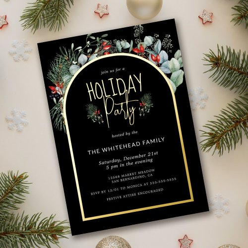 Watercolor Greenery Berry Christmas Party Black Foil Invitation