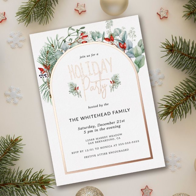 Watercolor Greenery Berry Christmas Party Foil Invitation (You will love these beautiful Holiday Party invitation! They feature botanical watercolor arch.)