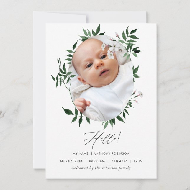 Watercolor Greenery Birth Announcement Photo Card (Front)