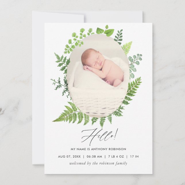 Watercolor Greenery Birth Announcement Photo Card (Front)