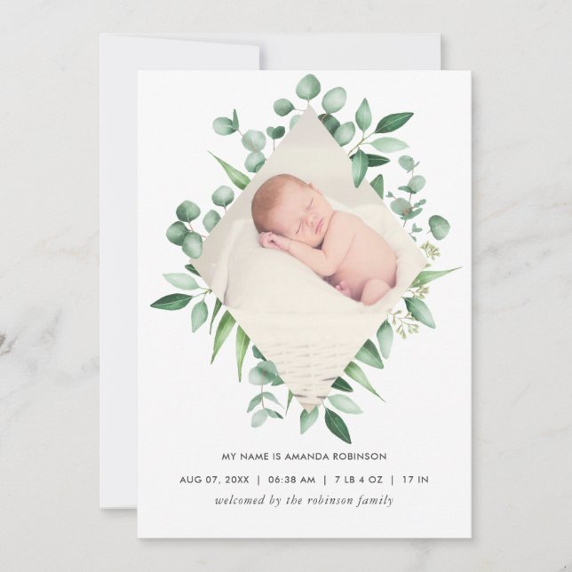 Watercolor Greenery Birth Announcement Photo Card (Front)