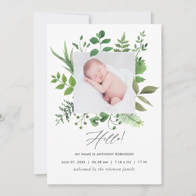 Watercolor Greenery Birth Announcement Photo Card (Front)