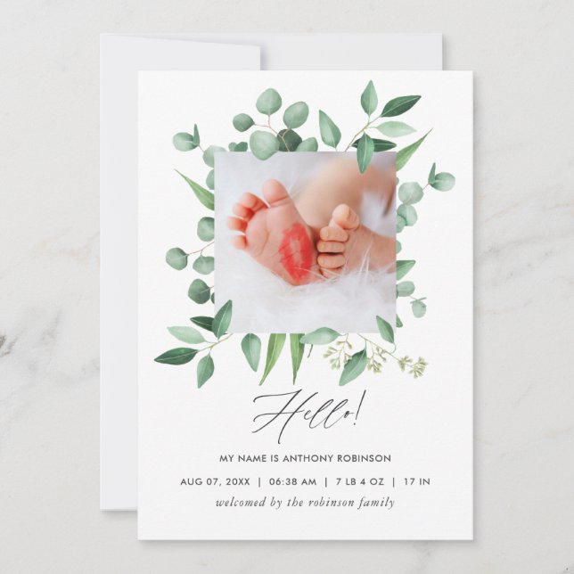 Watercolor Greenery Birth Announcement Photo Card (Front)