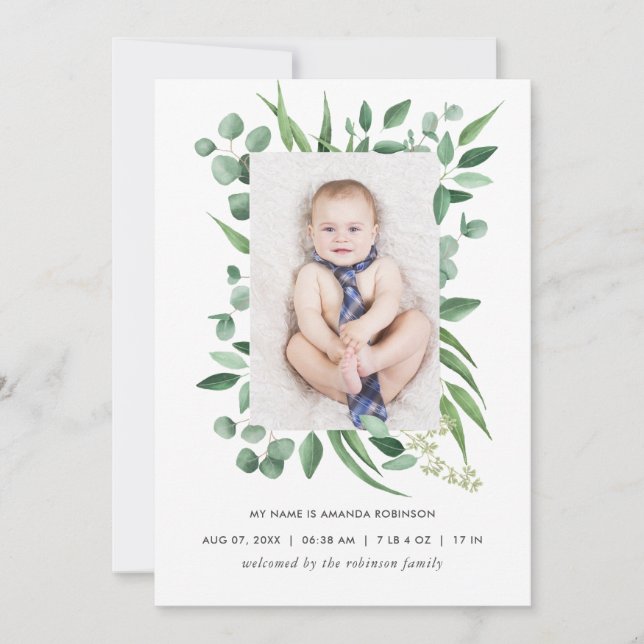 Watercolor Greenery Birth Announcement Photo Card (Front)