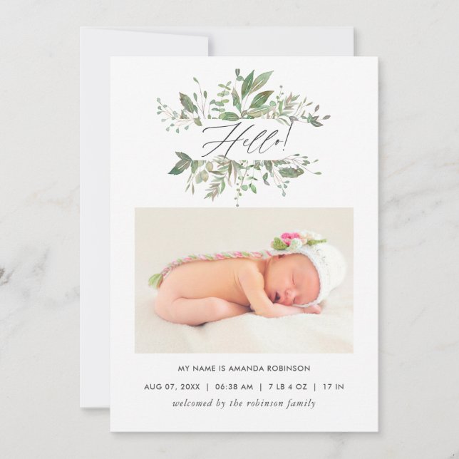 Watercolor Greenery Birth Announcement Photo Card (Front)