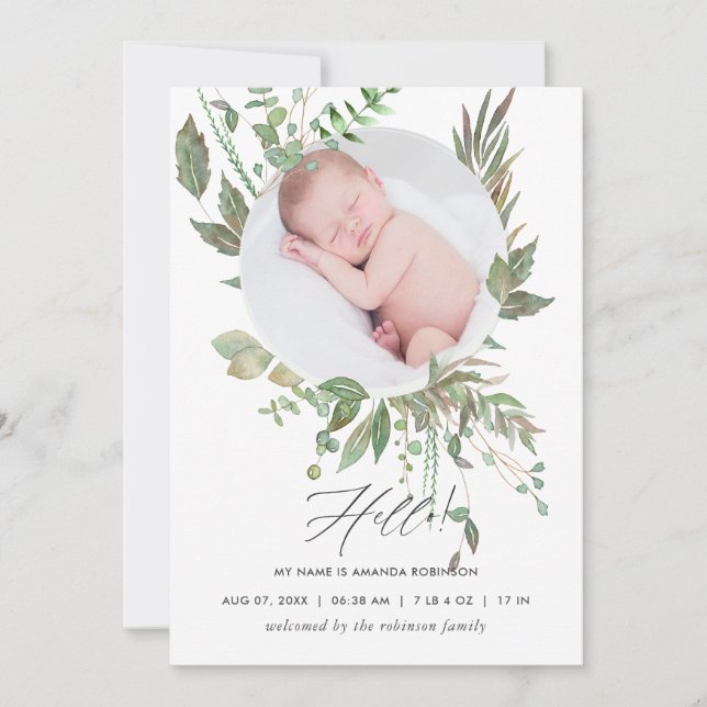 Watercolor Greenery Birth Announcement Photo Card (Front)