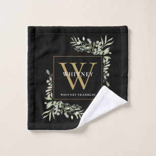 Watercolor Greenery Black Gold Monogram Name Bath  Bath Towel Set