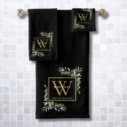 Watercolor Greenery Black Gold Monogram Name Bath  Bath Towel Set
