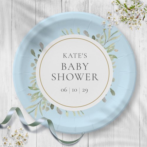 Watercolor Greenery Blue Baby Boy Shower Paper Plates