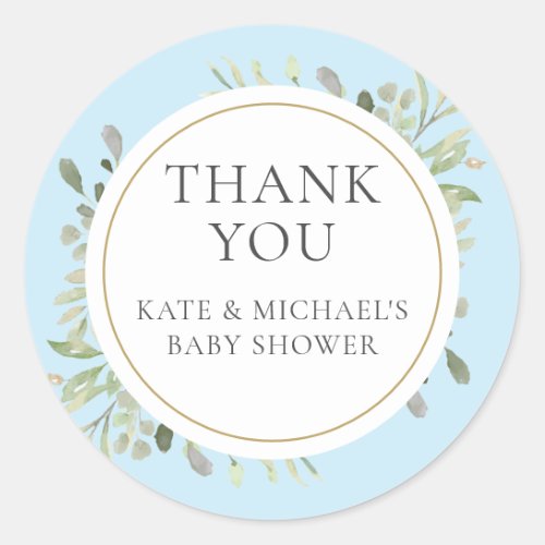 Watercolor Greenery Blue Baby Boy Shower Thank You Classic Round Sticker