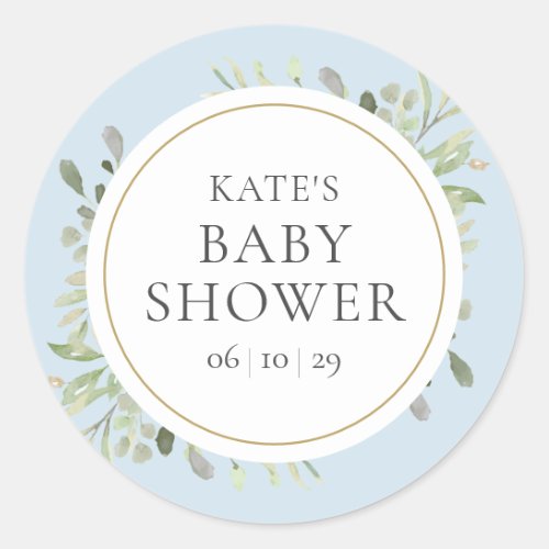 Watercolor Greenery Blue Boy Baby Shower Classic Round Sticker