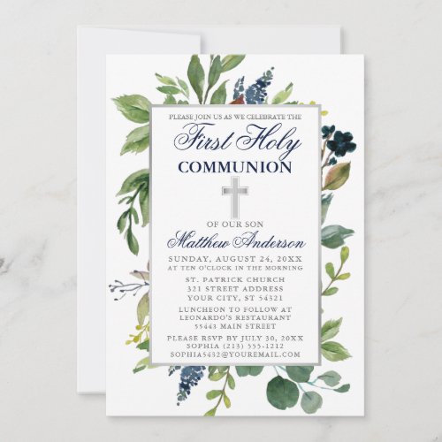 Watercolor Greenery Blue First Holy Communion Invitation