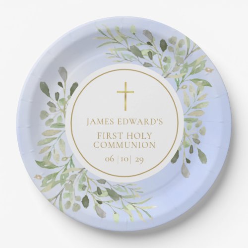 Watercolor Greenery Blue First Holy Communion Paper Plates
